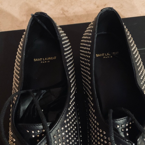 SAINT LAURENT BLACK SILVER STUD OXFORD LOAFER SIZE 37.5 - Picture 3 of 5
